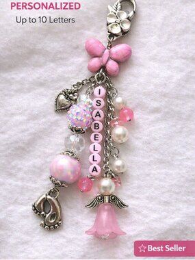 Hand Beaded Angel & Footprint Bag Charm • Personalized New Mom Gift